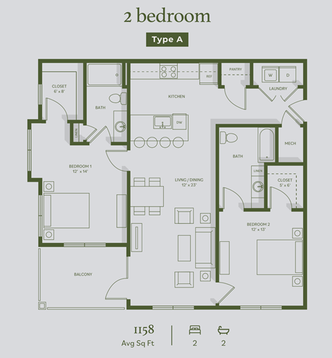 Floor plan for 2 beds, 2 baths, 1158 sqft